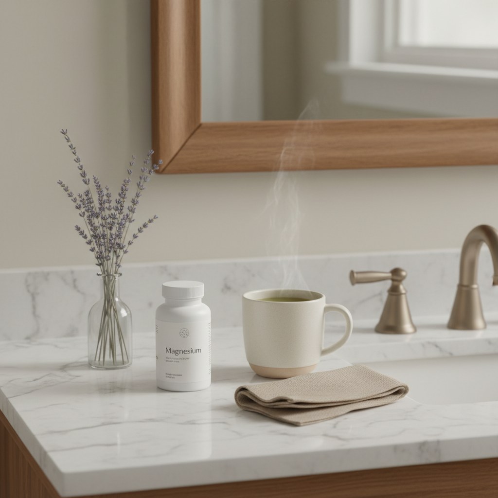 White magnesium bottle on a bathroom vanity with green tea, a folded towel, and dried lavender in soft light